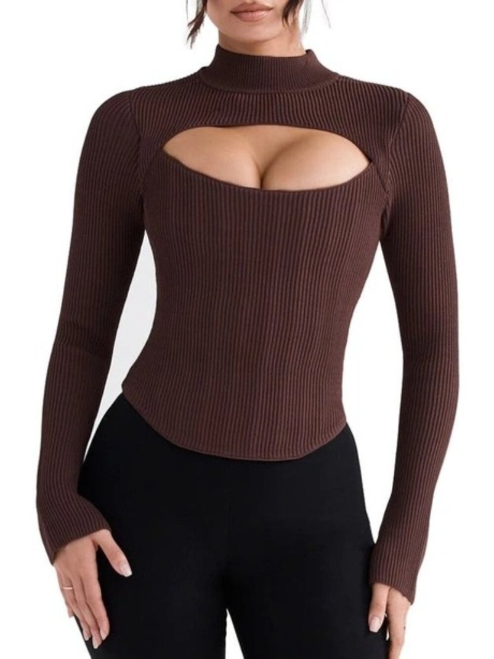 House Of CB Georgina Rib Cutout Long Sleeve Corset Top In Cocoa Sz L